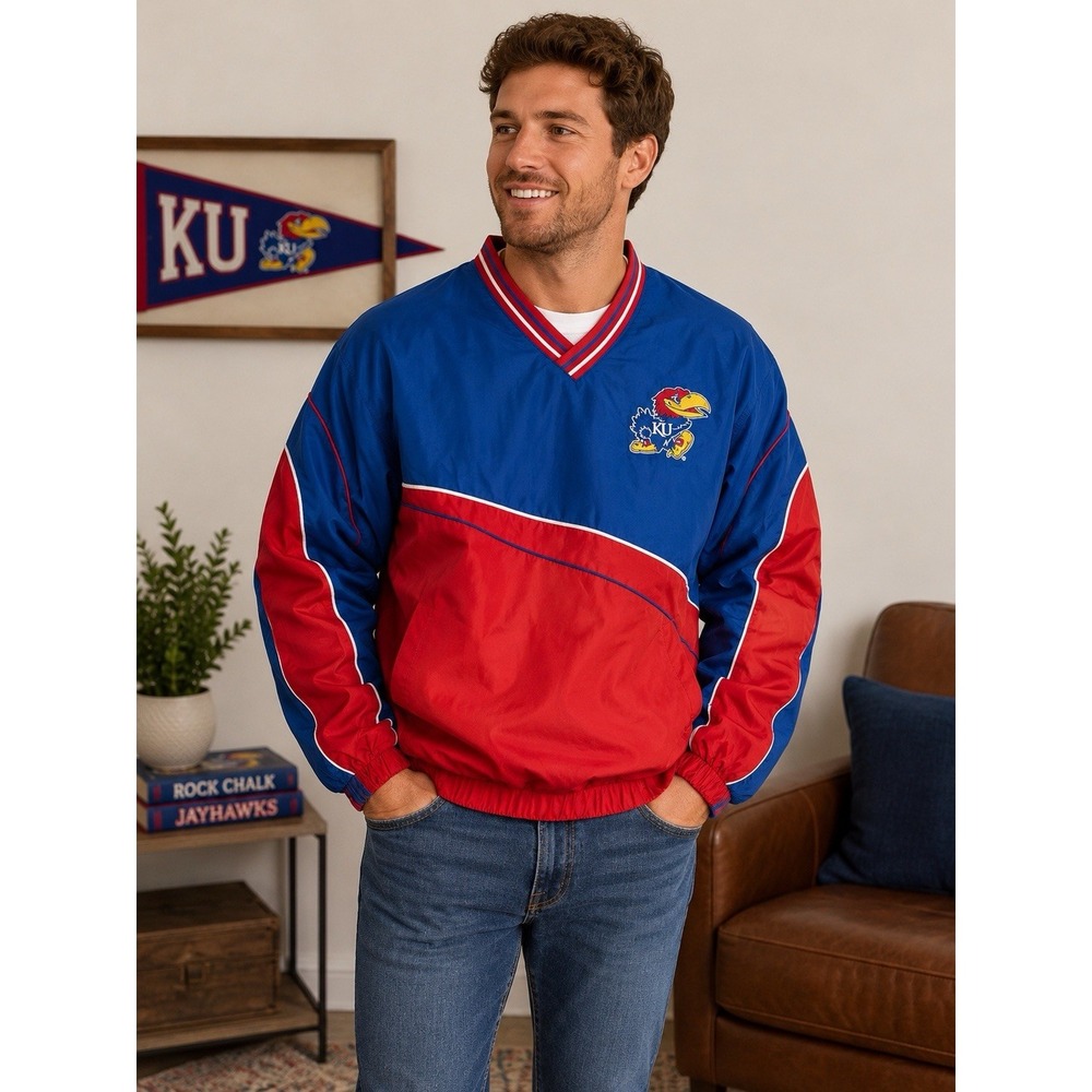 Kansas Jayhawks KU 58 Sports Windbreaker Jacket Mens M Red Blue Pullover NCAA